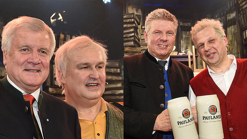 Horst Seehofer und Dieter Reiter mit ihren jeweiligen Doubles. Letzterer war über das Singspiel jedoch deutlich erfreuter als der Ministerpräsident. Horst Seehofer und Dieter Reiter mit ihren jeweiligen Doubles. Letzterer war über das Singspiel jedoch deutlich erfreuter als der Ministerpräsident.