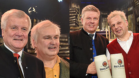 Horst Seehofer und Dieter Reiter mit ihren jeweiligen Doubles. Letzterer war über das Singspiel jedoch deutlich erfreuter als der Ministerpräsident.