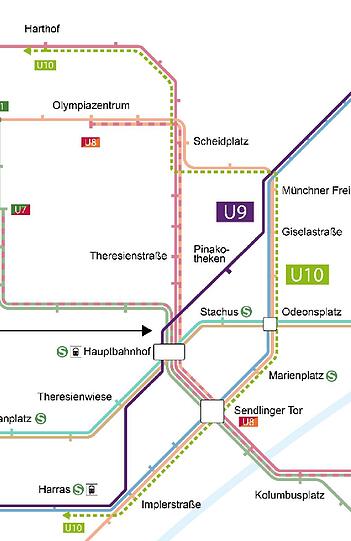 Hier sehen Sie den Verlauf einer möglichen Verstärkerlinie, der U10 (grün gestrichelt).