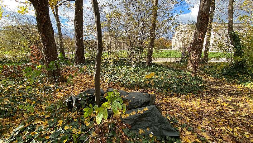 Im Wäldchen zwischen Arcisstraße und Königsplatz campieren mehrere Menschen. Hier verdeckt eine Plastikplane wohl einen Schlafplatz. Im Wäldchen zwischen Arcisstraße und Königsplatz campieren mehrere Menschen. Hier verdeckt eine Plastikplane wohl einen Schlafplatz.