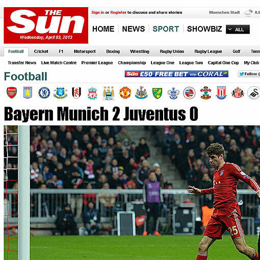 "Sun" bringt es kurz und knapp auf den Punkt: "Bayern München 2 Juventus 0".