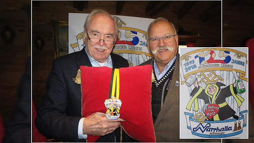 Sie bekommen vom Narrhalla-Prinzenpaar die ersten beiden Jubiläumsorden verliehen. Ordensschöpfer Dieter Hanitzsch und Narrhalla-Ehrenrat Wiggerl Hagen. Im kleinen Bild: Das Ordensmotiv, das Hanitzsch entworfen hat.