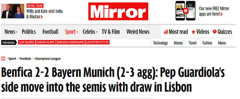 mirror.co.uk (Großbritannien): "Pep Guardiolas Team zieht nach Unentschieden gegen Lissabon ins Halbfinale ein"