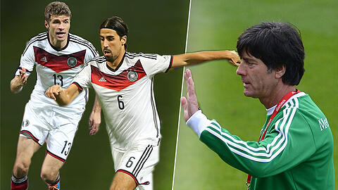 Thomas Müller (l) und Sami Khedira fahren mit ins Trainingslager nach Südtirol. Dort will Jogi Löw (r) das DFB-Team auf die WM in Brasilien vorbereiten.