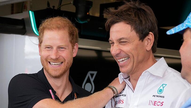 Strahlende Gesichter: Prinz Harry unterhielt sich am Rande der Rennstrecke auch mit Mercedes-Motorsportchef Toto Wolff.