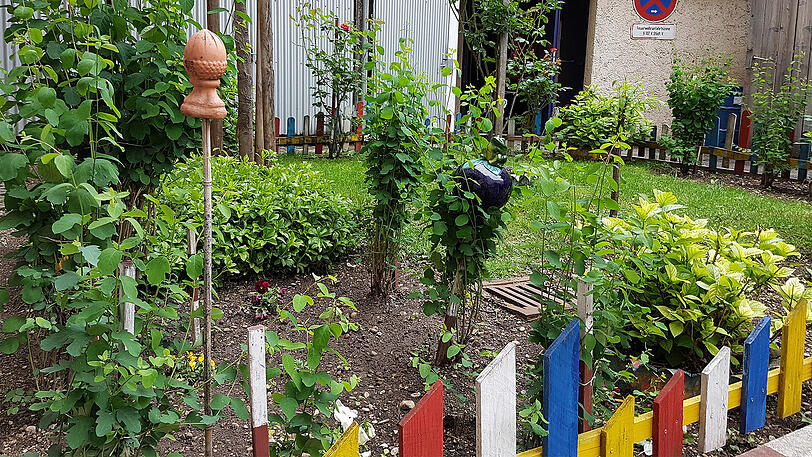 Der "Garten von Borscho" in der Schillerstraße mit den kroatischen Nationalfarben.