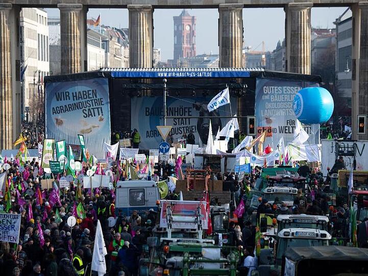 Demonstranten fordern am Brandenburger Tor unter dem Motto "Wir haben Agrarindustrie satt!" mehr Umwelt- und Tierschutz in der Landwirtschaft.