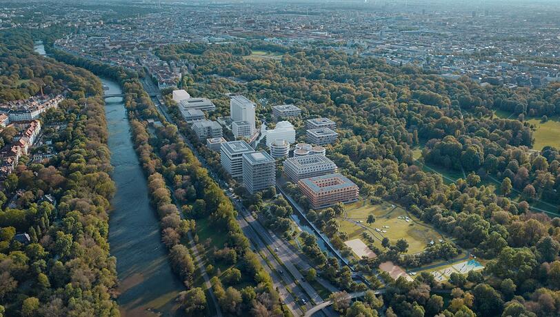 So soll der &bdquo;Tucherpark im Eisbachviertel&ldquo; ausschauen, wenn er fertig ist - inklusive f&uuml;nf Neubauten mit Wohnungen.