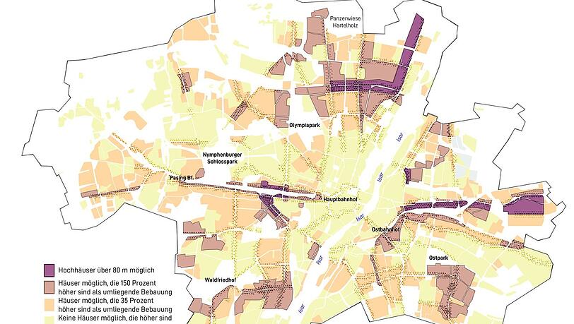 Die Münchner Hochhaustudie: Sie zeigt, wo in München Hochhäuser über 80 Meter erlaubt werden könnten. Zum Beispiel entlang der S-Bahn-Stammstrecke vom Hauptbahnhof nach Pasing, hinter dem Ostbahnhof und im Norden am Frankfurter Ring und nahe der Allianz Arena. Die Münchner Hochhaustudie: Sie zeigt, wo in München Hochhäuser über 80 Meter erlaubt werden könnten. Zum Beispiel entlang der S-Bahn-Stammstrecke vom Hauptbahnhof nach Pasing, hinter dem Ostbahnhof und im Norden am Frankfurter Ring und nahe der Allianz Arena.