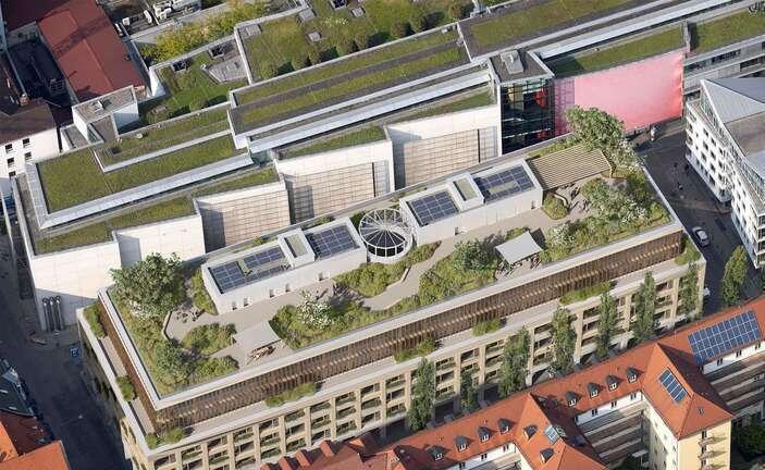 Muc.One: Erfrischendes Konzept mit Dachgrün und Biergarten sowie 555 Pkw-Stellplätze unter der Erde. Muc.One: Erfrischendes Konzept mit Dachgrün und Biergarten sowie 555 Pkw-Stellplätze unter der Erde.