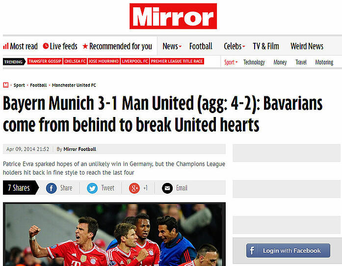 Der "Mirror" nach den Skandalschlagzeilen von letzter Woche, nun zurückhaltender: "Die Bayern kommen von hinten um Uniteds Herz zu brechen."
