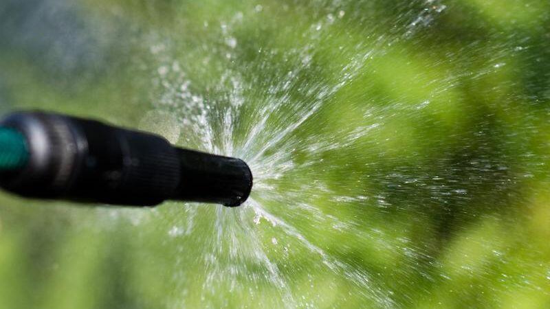 Ein Gartenschlauch ist im Einsatz. Foto: Julian Stratenschulte/dpa