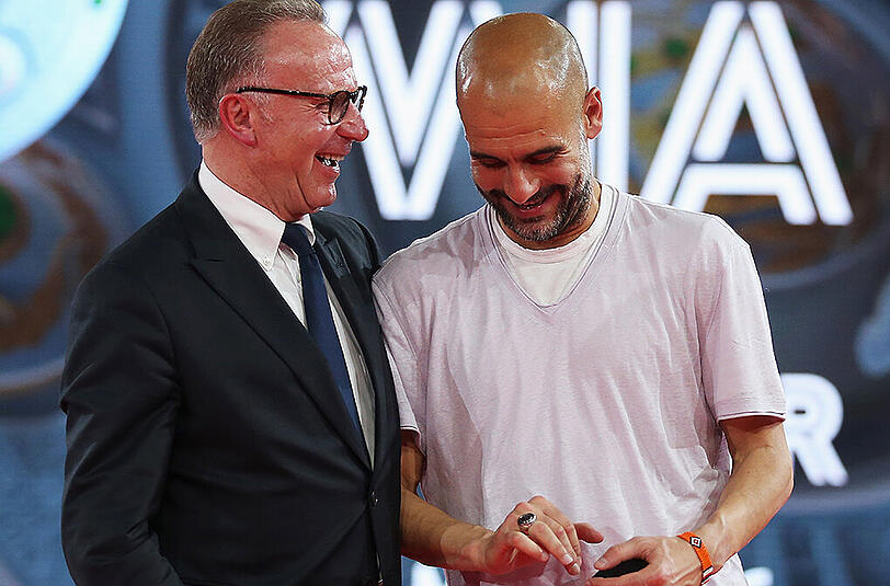 Vorstands-Boss Karl-Heinz Rummenigge und der scheidende Coach Pep Guardiola