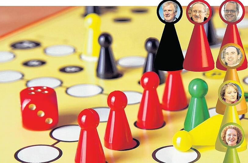 Wer gewinnt, wer ärgert sich? Und wer verbündet sich mit wem? Rote, Schwarze, Grüne, Gelbe und Orange sind mit im Rennen. Die SPD hat in unserer Grafik zwei Figuren bekommen, weil Ude im Fall von Schwarz-Rot an Rinderspacher übergeben würde.