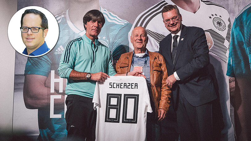 Gratulation von Löw (l.) und Grindel (r.): Scherzer.