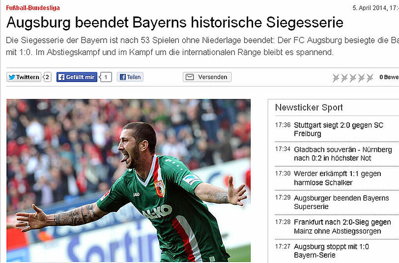 stern.de schreibt: Augsburg beendet Bayerns historische Siegesserie