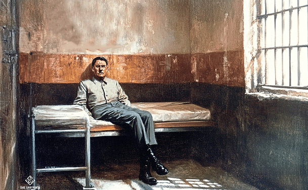 Hitler in seiner Gefängniszelle in Landsberg: Hauck hat sich Originalaufnahmen und des Kunststils des Malers George Grosz bedient. Hitler in seiner Gefängniszelle in Landsberg: Hauck hat sich Originalaufnahmen und des Kunststils des Malers George Grosz bedient.