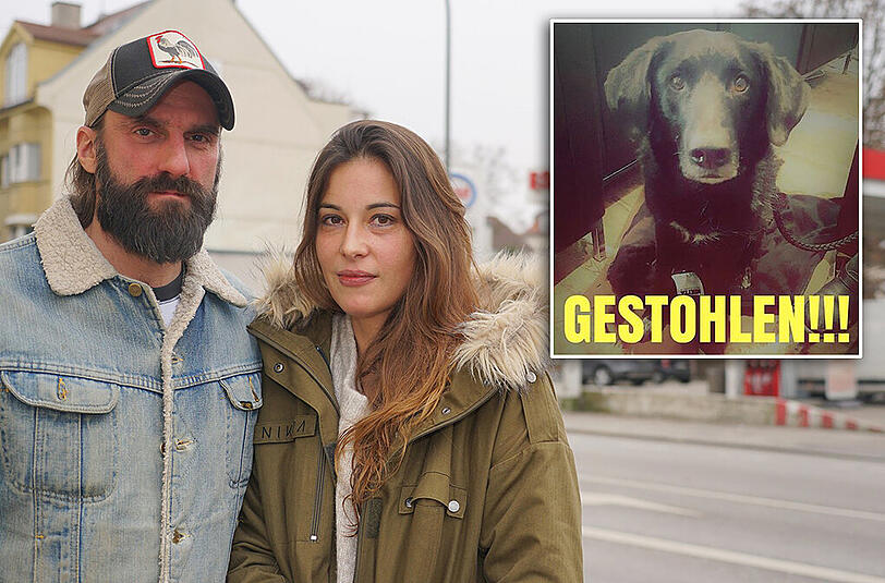 Die Schwabinger Sven und Susanna vor der Esso-Tankstelle in der Ungererstraße. Dort verschwand ihr zehn Jahre alter Mischlingshund Rocky am Samstag, gegen 15.15 Uhr. Sie suchen überall nach ihrem vierbeinigen Freund.