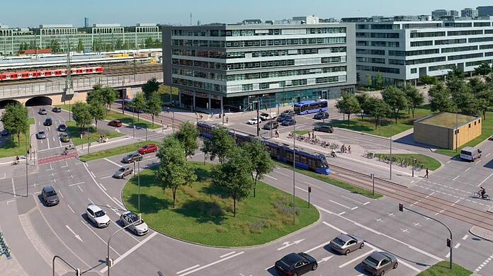 So soll es am Laimer Kreisel beim S-Bahnhof einmal aussehen. Die Tram fährt durch die Umweltverbundröhre auf der Fürstenrieder Straße in Richtung Obersendling
