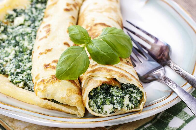 Fein: Crepes mit Schafskäse und Spinat.
