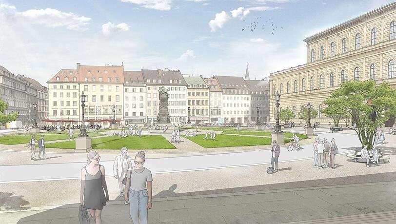So stellt sich das Baureferat den Max-Joseph-Platz nach der Umgestaltung vor. Die Menschen sollen sich dann unter Stauden niederlassen können. Aber auch in der Sonne sollen bewegliche Sitzmöbel stehen.