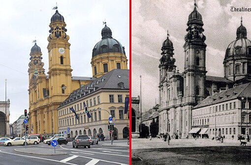 Ist fast unverändert erhalten geblieben: Der Odeonsplatz mit Feldherrnhalle und Theatinerkirche.