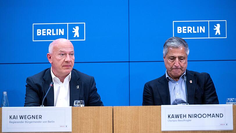 Kai Wegner (links), Regierender Bürgermeister Berlins, und der Olympiabeauftragte Kaweh Niroomand erklärten das Aus der Berliner Bewerbung. Kai Wegner (links), Regierender Bürgermeister Berlins, und der Olympiabeauftragte Kaweh Niroomand erklärten das Aus der Berliner Bewerbung.