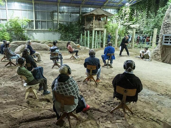 Zuschauer verfolgen die Generalprobe zur Uraufführung der szenischen Installation "Der sechste Kontinent" im Elefantenhaus des Zoos.