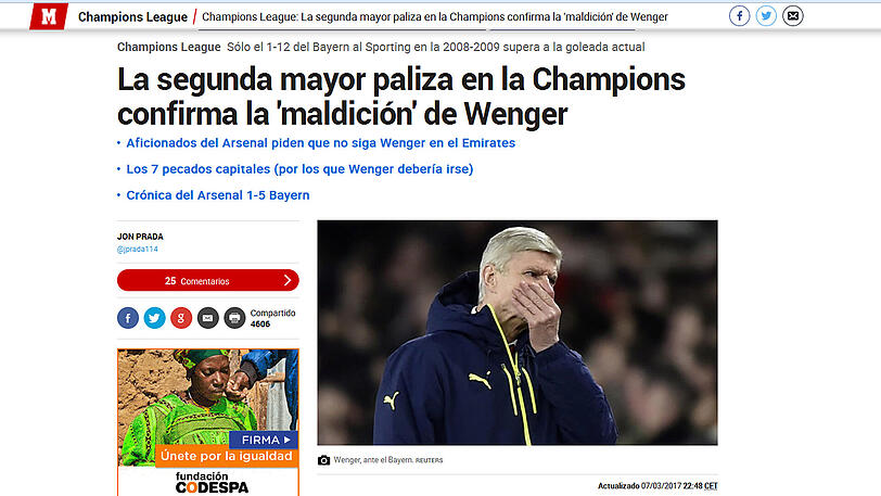 Die spanische Marca schreibt: "Die zweitgrößte Niederlage in der Champions bestätigt den Wenger 'Fluch'"