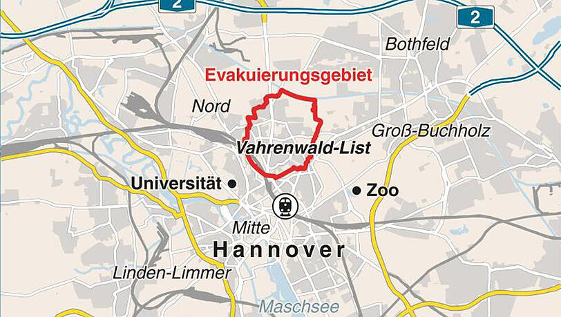 Karte des Evakuierungsgebiets in Hannover. Karte des Evakuierungsgebiets in Hannover.