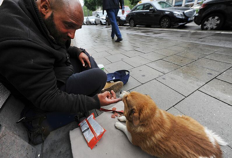 Friedrich Roldi sitzt in München mit seinem Hund "Johny" auf der einem Gehweg und bettelt um Almosen.