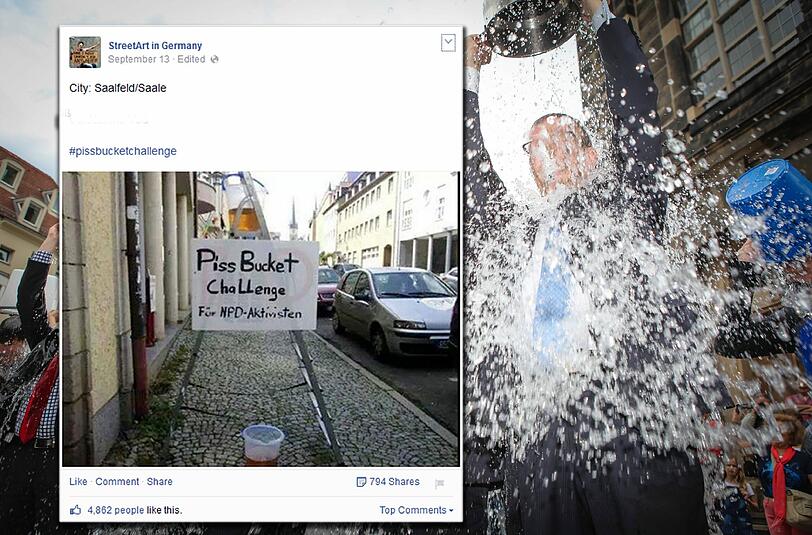Kunstaktion in Saalfeld: Aus der Ice Bucket Challenge wird die Piss Bucket Challenge für Nazis.