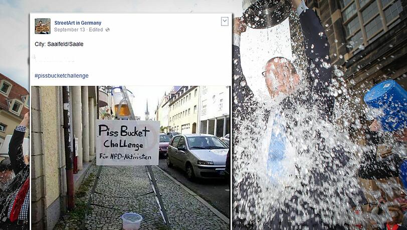 Kunstaktion in Saalfeld: Aus der Ice Bucket Challenge wird die Piss Bucket Challenge für Nazis. Kunstaktion in Saalfeld: Aus der Ice Bucket Challenge wird die Piss Bucket Challenge für Nazis.
