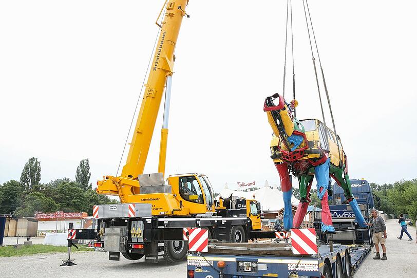 Der Kran hebt das Kalb vom Transportanhänger und...