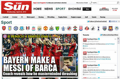 "Bayern make a Messi out of Barca": Die Sun hat wieder ein lustiges Wortspiel am Start. Bayern bringt Barca durcheinander.
