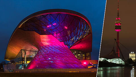Am Montag erstrahlten etliche Gebäude in München in pinker Farbe. Klicken Sie sich durch die Galerie.