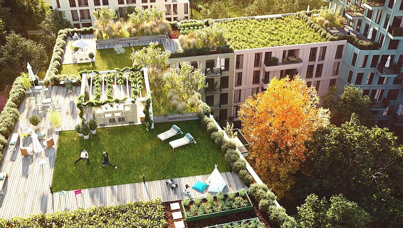 Eine schöne neue Dach-Welt auf den Wohnhäusern im neuen Quartier – mit Holzplanken, Hochbeeten und Liegestühlen: So stellen sich die Architekten der Kirschgärten die künftige Gestaltung von fünf Gemeinschaftsdachterrassen in Untermenzing vor.