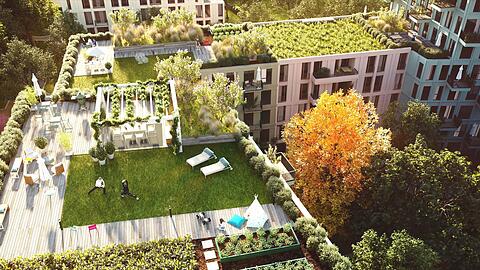 Eine schöne neue Dach-Welt auf den Wohnhäusern im neuen Quartier – mit Holzplanken, Hochbeeten und Liegestühlen: So stellen sich die Architekten der Kirschgärten die künftige Gestaltung von fünf Gemeinschaftsdachterrassen in Untermenzing vor.