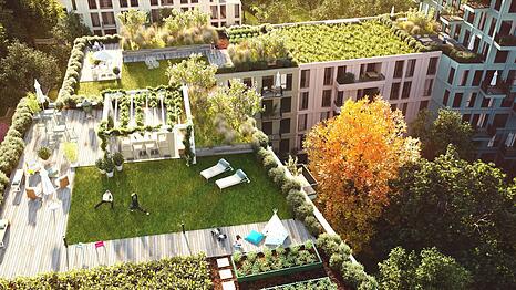 Eine schöne neue Dach-Welt auf den Wohnhäusern im neuen Quartier – mit Holzplanken, Hochbeeten und Liegestühlen: So stellen sich die Architekten der Kirschgärten die künftige Gestaltung von fünf Gemeinschaftsdachterrassen in Untermenzing vor.