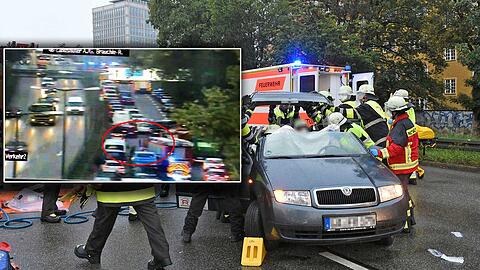 Das Wrack auf der Landshuter Allee wäre schneller erreicht worden, hätten die Autofahrer eine Rettungsgasse gebildet. Haben sie aber nicht, wie das kleine Bild der Polizei zeigt.