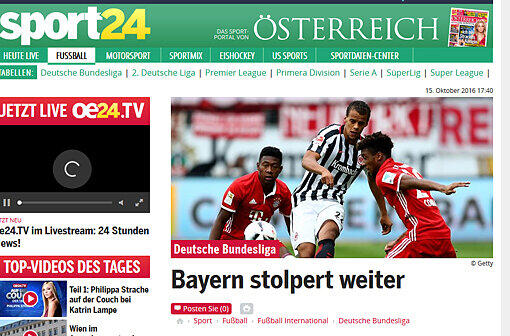 In Österreich zeigt das Portal "oe24.at" ein Bild von (no na!) David Alaba zur "Stolper-Meldung" über die Bayern.