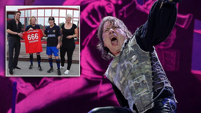 Bruce Dickinson, Sänger von Iron Maiden, steht beim "Rockavaria"-Konzert auf der Bühne. Zuvor stand noch ein Besuch beim FC Bayern auf dem Programm (kleines Bild).