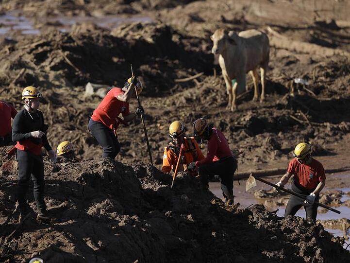 Feuerwehrleute suchen nach Opfern im Schlamm nach dem Dammbruch an der Mine in Brumadinho. Eine Schlammlawine rollte über Teile der Anlage und benachbarte Siedlungen hinweg.