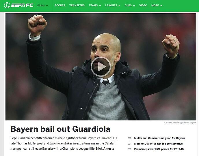 "Die Bayern helfen Guardiola aus der Patsche." So sehen es die Journalisten des US-Sportsenders "ESPN" .