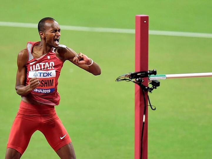 Mutaz Essa Barshim aus Katar feiert seinen Sieg im Hochsprung.