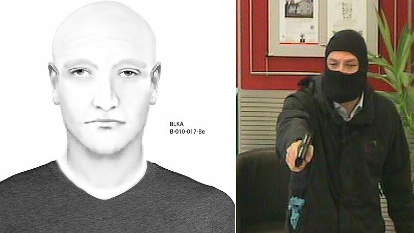 Mit diesem Phantombild fahndet die Polizei nach dem Mann. Rechts der Täter auf Bildern einer Überwachungskamera.