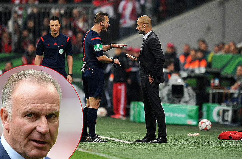 Echauffierte sich über den Unparteiischen Peter Gagelmann, der nicht nur mit Bayern-Trainer Pep Guardiola viel zu tun hatte: Bayerns Vorstandsboss Karl-Heinz Rummenigge.