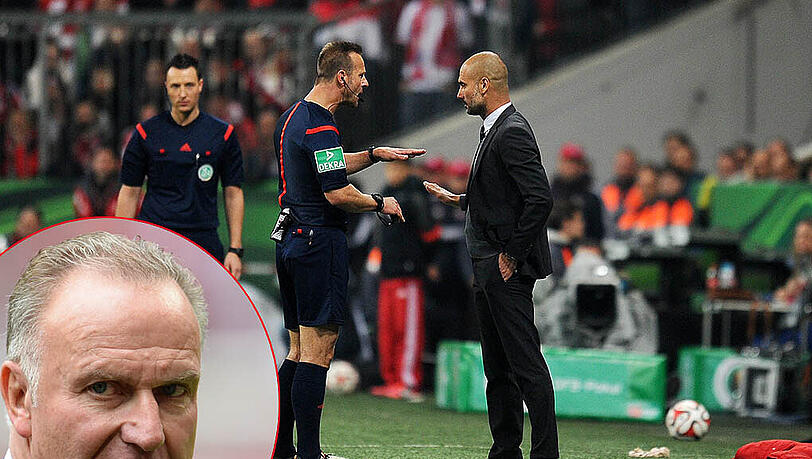 Echauffierte sich über den Unparteiischen Peter Gagelmann, der nicht nur mit Bayern-Trainer Pep Guardiola viel zu tun hatte: Bayerns Vorstandsboss Karl-Heinz Rummenigge. Echauffierte sich über den Unparteiischen Peter Gagelmann, der nicht nur mit Bayern-Trainer Pep Guardiola viel zu tun hatte: Bayerns Vorstandsboss Karl-Heinz Rummenigge.