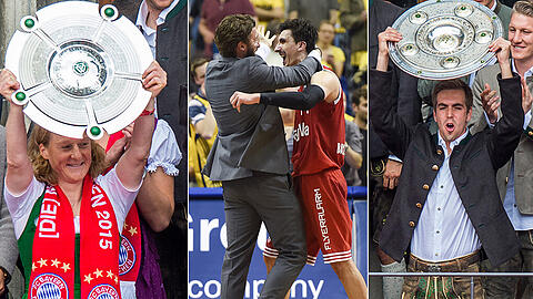 Melanie Behringer (l.) und Philipp Lahm (r.) haben die Meisterschalen beim "gemischten Double "schon in die Höhe gestemmt. Nach den Männern und Frauen der Fußballer können die Basketball-Profis um Nihad Djedovic (hier mit Geschäftsführer Marko Pesic) in den Finals gegen Bamberg nachziehen und das Meister-Tripe perfekt machen.