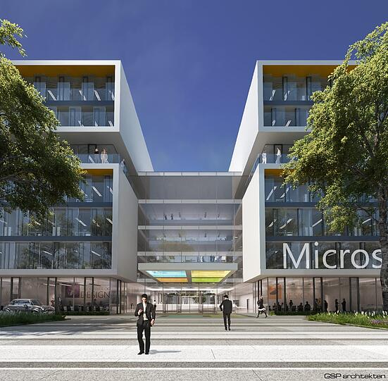 So soll der Eingang des neuen Microsoft-Standorts aussehen. Die Nachbarschaft ist gut: In den Highlight Towers nebenan sitzen Fujitsu und (noch) Roland Berger & Partner. Der Nachbar im Norden ist die General Electrics Healtcare.